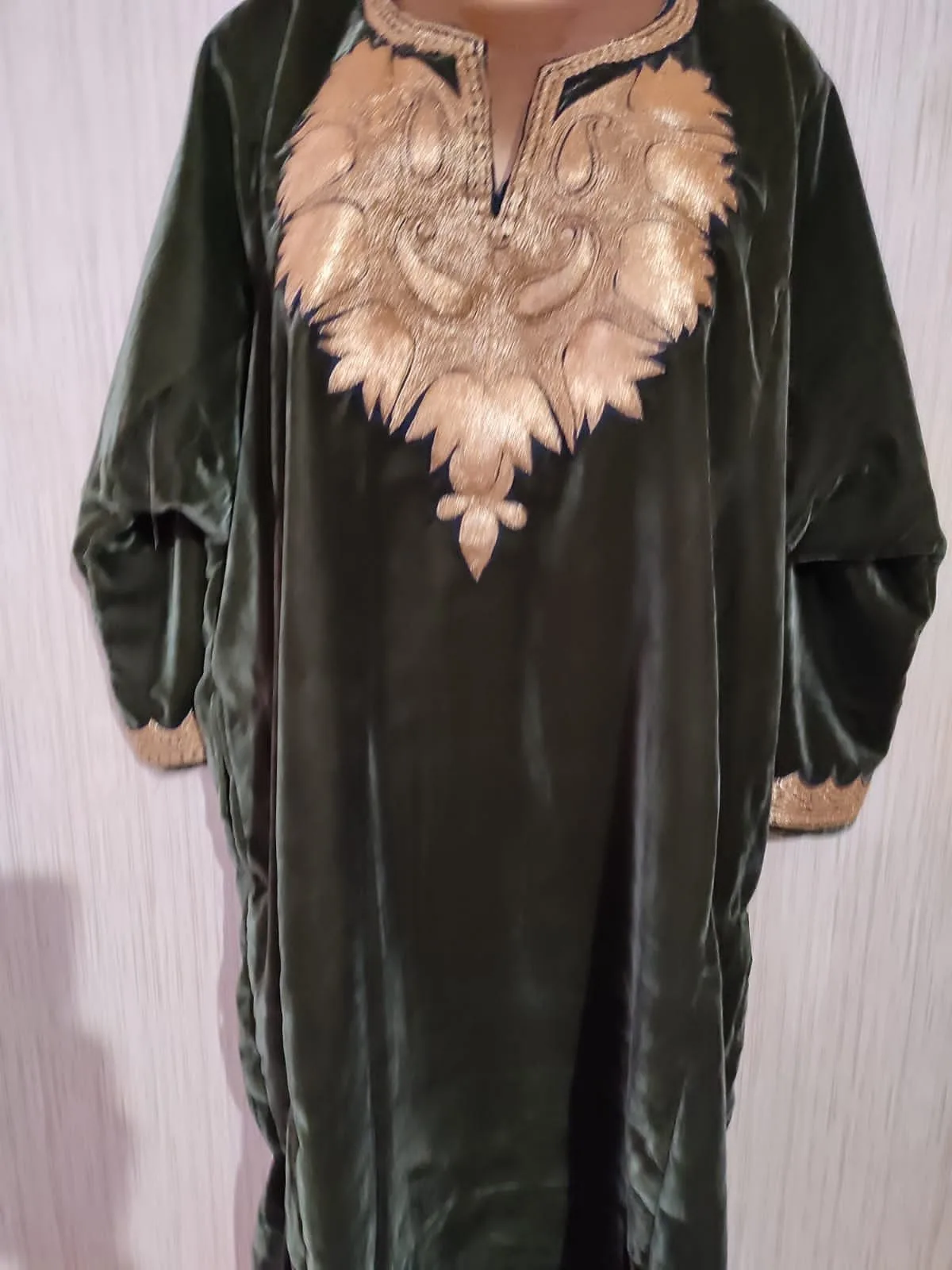 Green Velvet Pheran with Kashmiri Design Tilla Work - Image 7