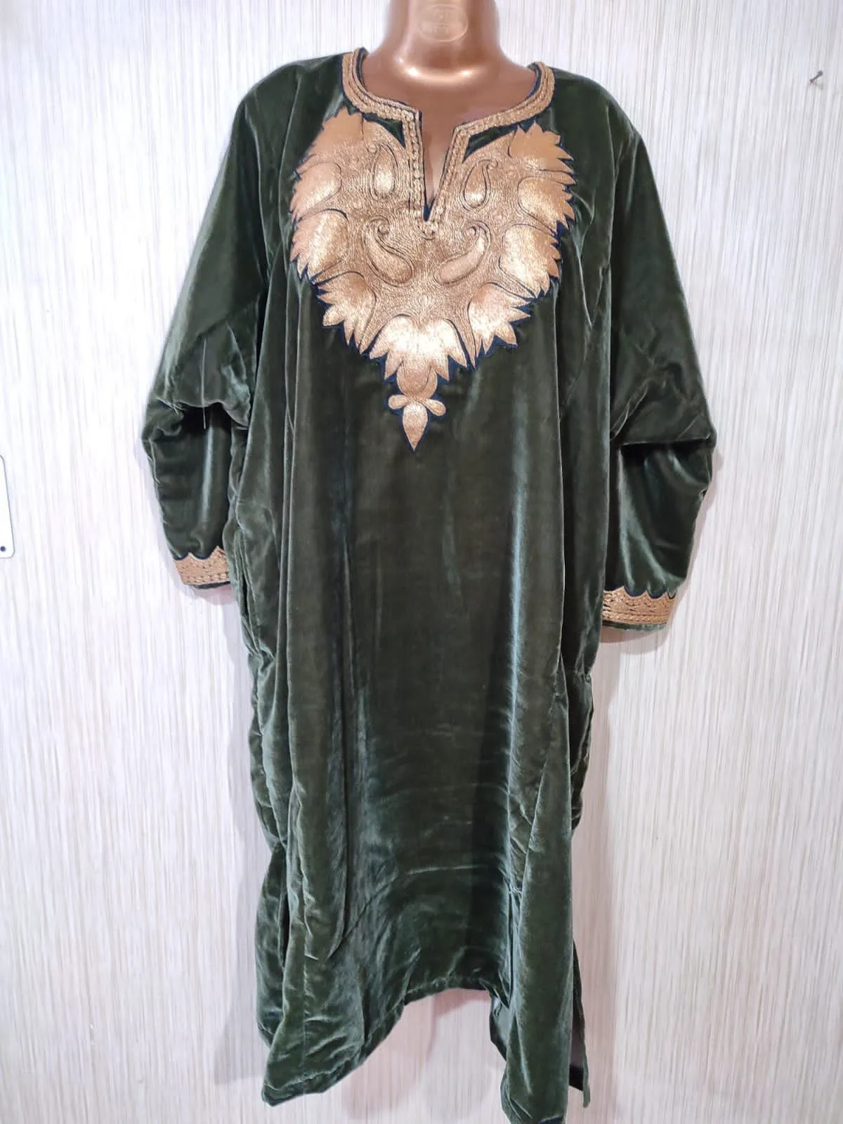Green Velvet Pheran with Kashmiri Design Tilla Work - Image 6