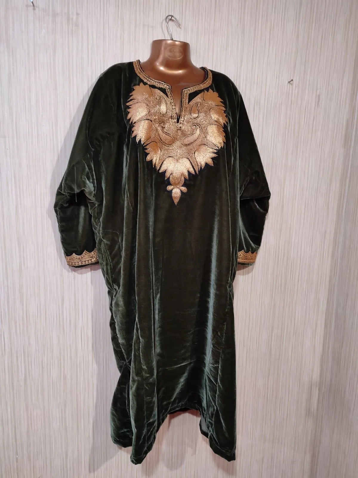 Green Velvet Pheran with Kashmiri Design Tilla Work - Image 5