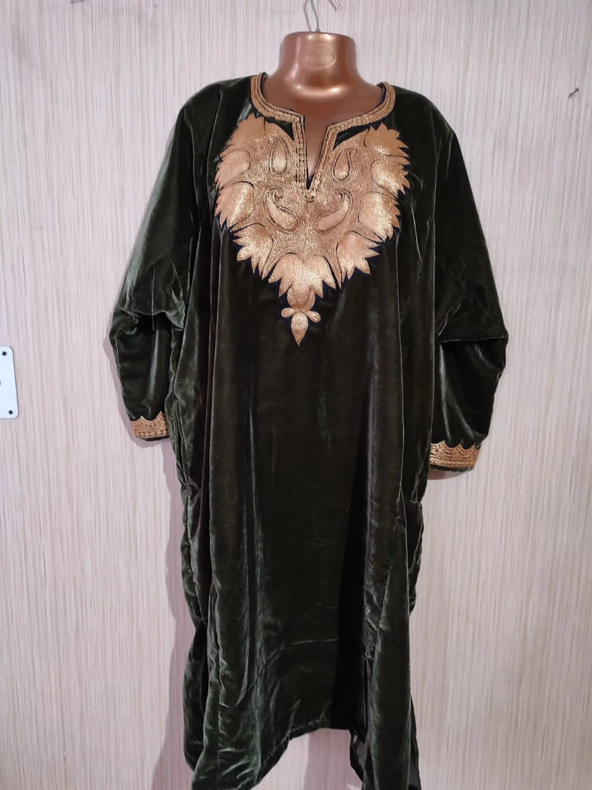 Green Velvet Pheran with Kashmiri Design Tilla Work - Image 4