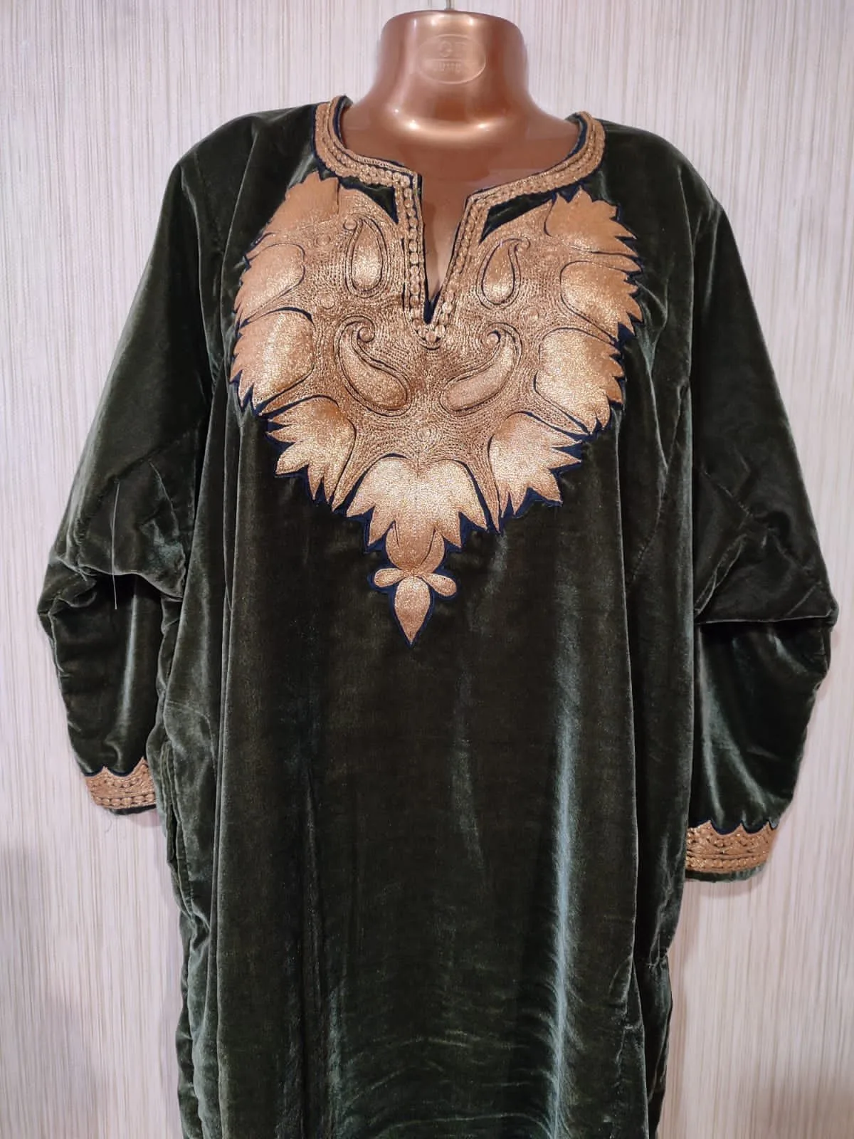 Green Velvet Pheran with Kashmiri Design Tilla Work