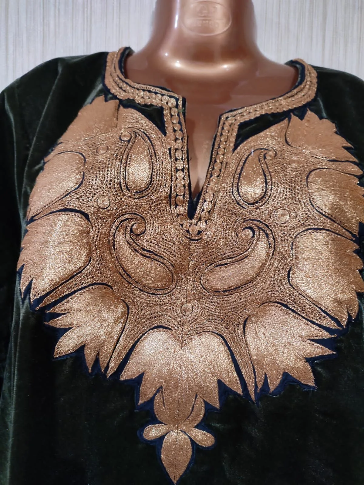 Green Velvet Pheran with Kashmiri Design Tilla Work - Image 3