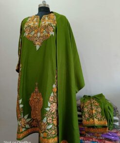 Pure Raffle Wool Pheran with Stole in Parrot Green