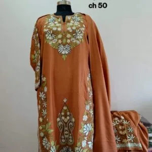 Pure Raffle Wool Pheran with Stole in Rust Colour