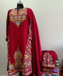 Pure Raffle Wool Pheran with Stole in Red Colour