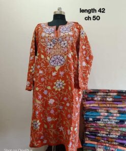Full Jaali Aari work Pheran on Pure Raffal in Rust Color