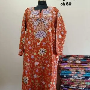 Full Jaali Aari work Pheran on Pure Raffal in Rust Color