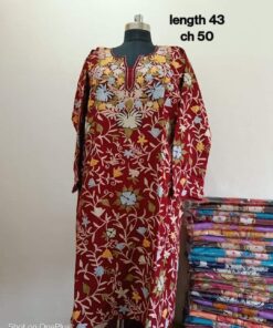 Full Jaali Aari work Pheran on Pure Raffal in Maroon Colour