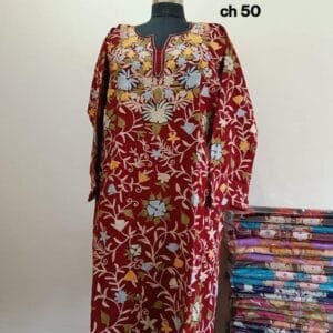 Full Jaali Aari work Pheran on Pure Raffal in Maroon Colour