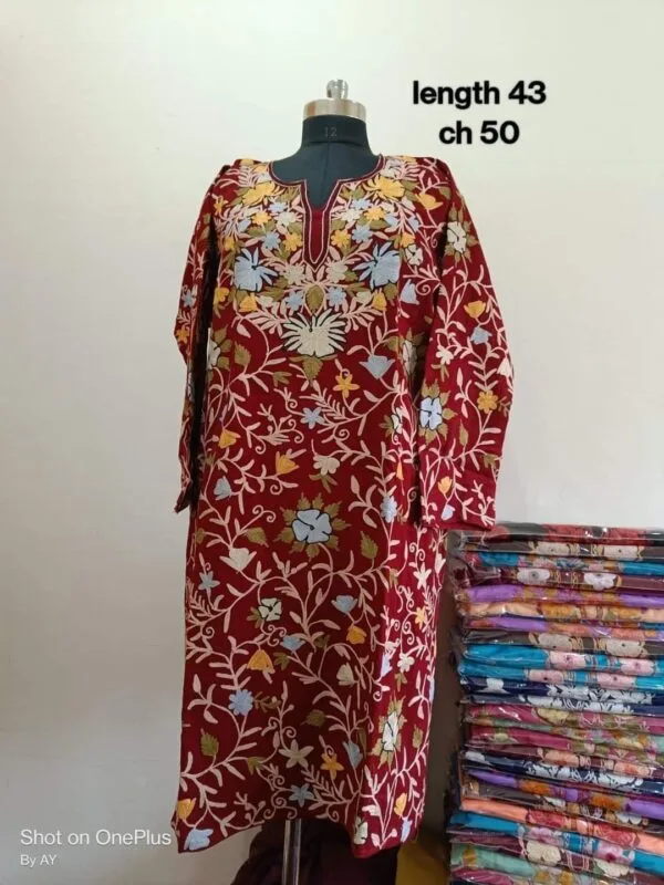 Full Jaali Aari work Pheran on Pure Raffal in Maroon Colour