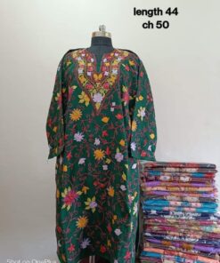 Full Jaali Aari work Pheran on Pure Raffal in Bottle Green