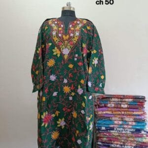 Full Jaali Aari work Pheran on Pure Raffal in Bottle Green