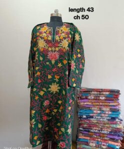 Full Jaali Aari work Pheran on Pure Raffal in Dark Green Color