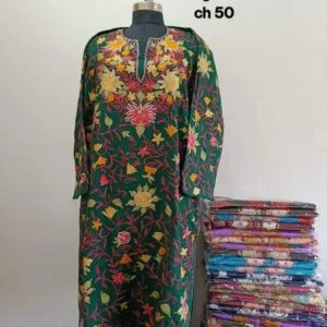 Full Jaali Aari work Pheran on Pure Raffal in Dark Green Color