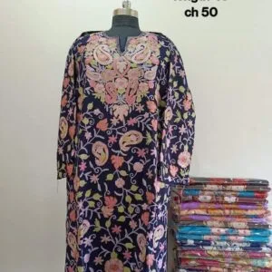 Full Jaali Aari work Pheran on Pure Raffal in Violet Color