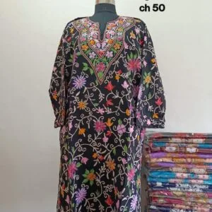 Full Jaali Aari work Pheran on Pure Raffal in Black Color