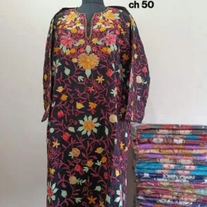 Full Jaali Aari work Pheran on Pure Raffal in Dark Brown