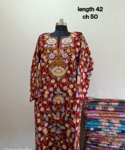 Full Jaali Aari work Pheran on Pure Raffal in Brick Color