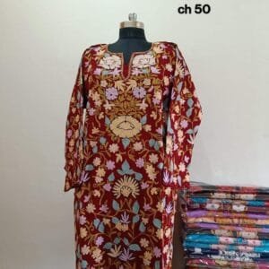 Full Jaali Aari work Pheran on Pure Raffal in Brick Color