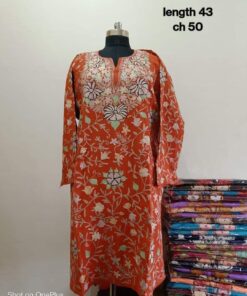 Full Jaali Aari work Pheran on Pure Raffal in Orange Color