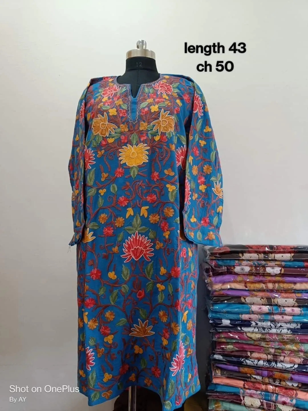 Full Jaali Aari work Pheran on Pure Raffal in blue Color