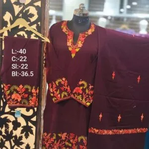 3-Piece Pheran Set in Pure Raffle Wool in Wine Colour