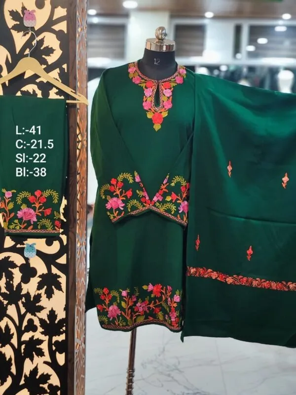 3-Piece Pheran Set in Pure Raffle Wool in Green Colour