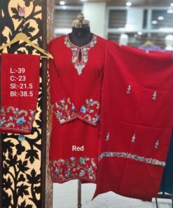 3-Piece Pheran Set in Pure Raffle Wool in Red Colour