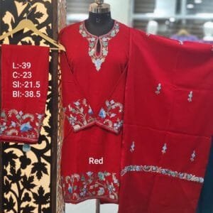 3-Piece Pheran Set in Pure Raffle Wool in Red Colour
