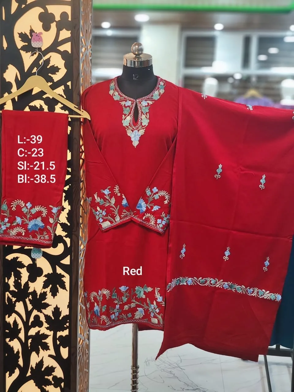 3-Piece Pheran Set in Pure Raffle Wool in Red Colour