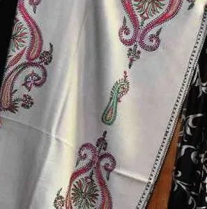 Semi Pashmina Kashmiri Shawl White, Full Embroidery Work
