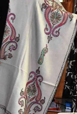 Semi Pashmina Kashmiri Shawl White, Full Embroidery Work