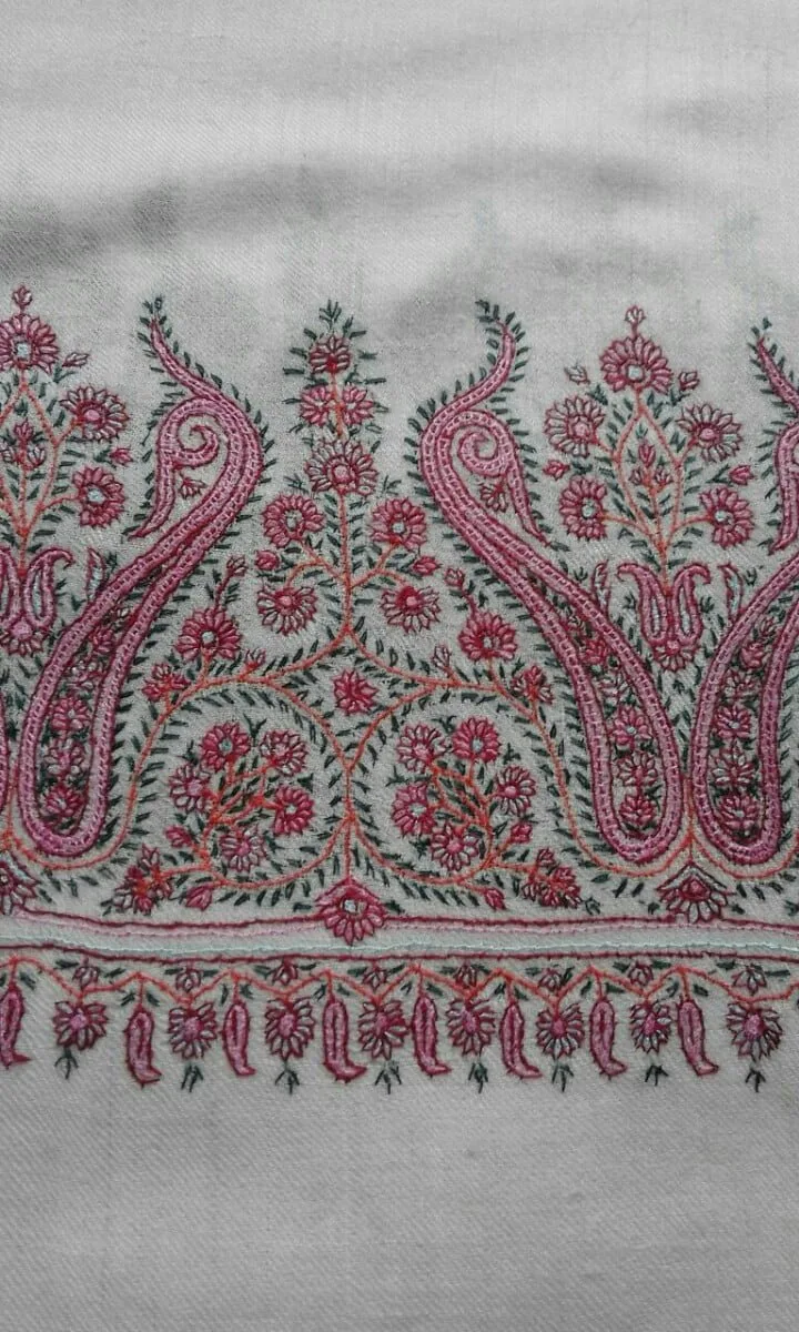 Pashmina Kashmiri Shawl White, Border Embroidery