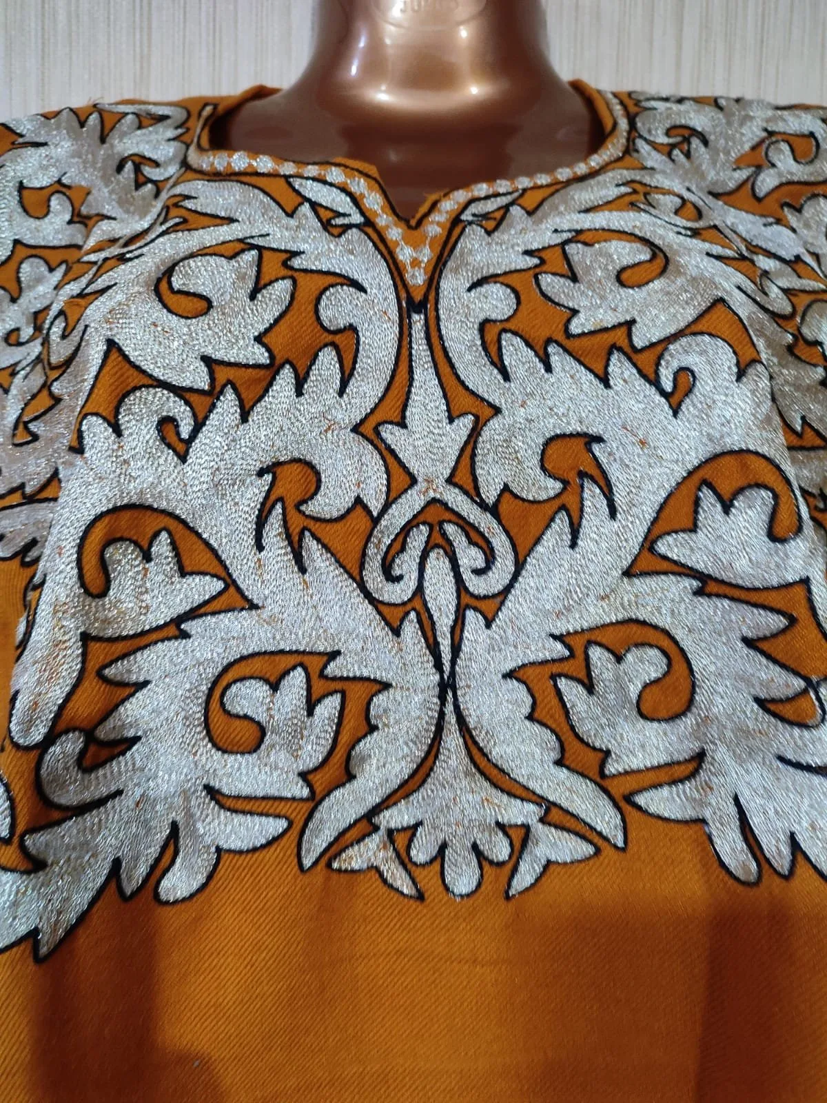 Silver Tilla Work Woolen Pheran in Mustard - Image 2