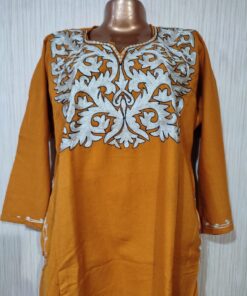 Silver Tilla Work Woolen Pheran in Mustard