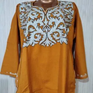 Silver Tilla Work Woolen Pheran in Mustard