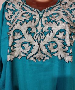 Silver Tilla Work Woolen Pheran in Aqua