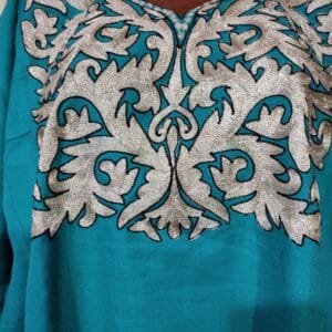 Silver Tilla Work Woolen Pheran in Aqua