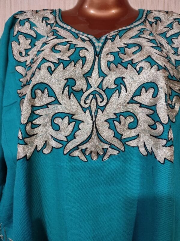 Silver Tilla Work Woolen Pheran in Aqua