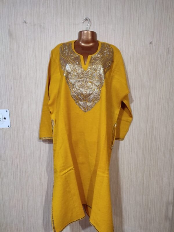 Golden Tilla Work Cashmere Wool Pheran in Yellow - Image 9