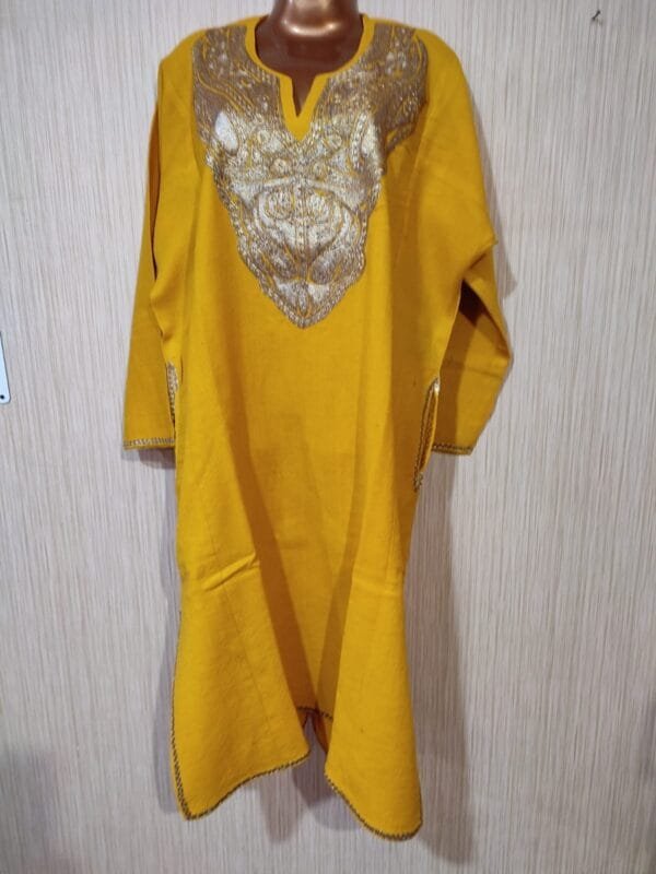 Golden Tilla Work Cashmere Wool Pheran in Yellow - Image 5