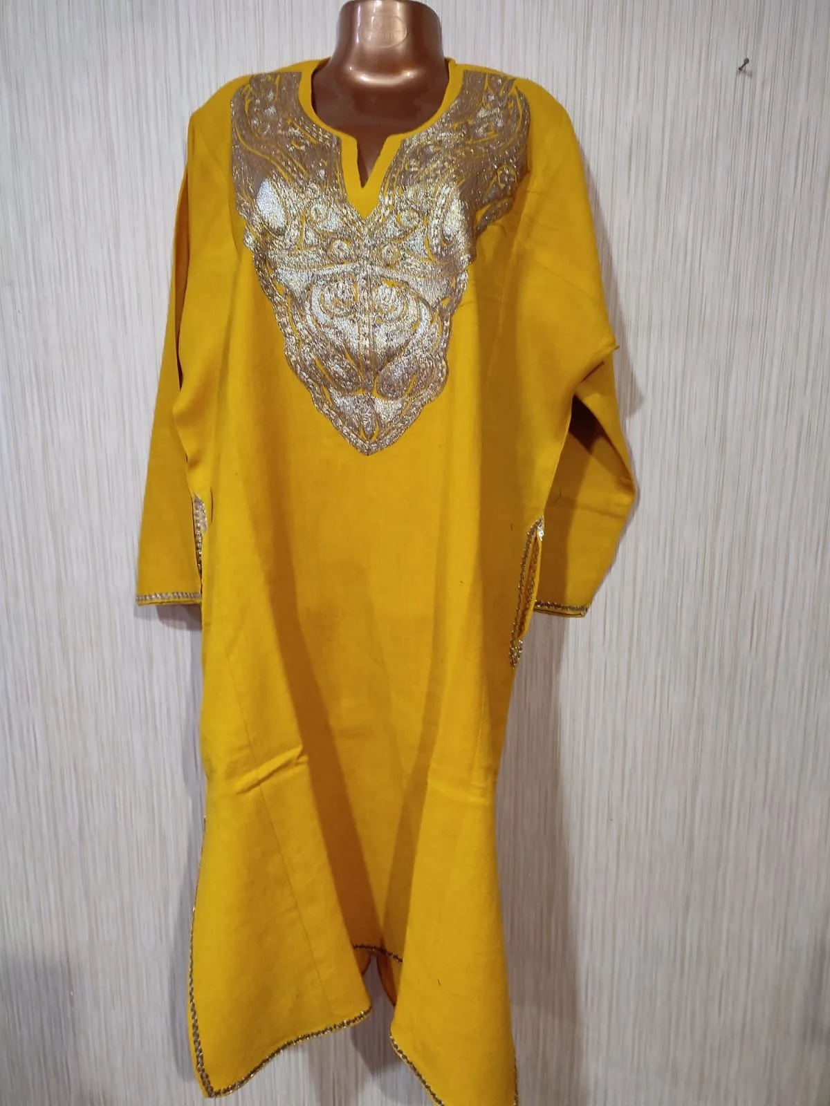 Golden Tilla Work Cashmere Wool Pheran in Yellow - Image 8