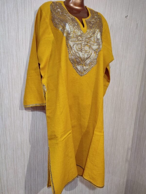 Golden Tilla Work Cashmere Wool Pheran in Yellow - Image 3