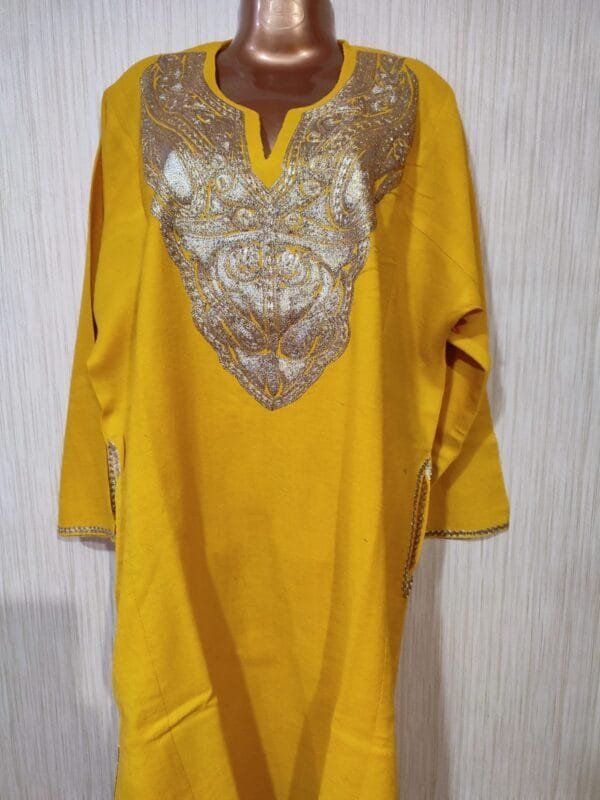 Golden Tilla Work Cashmere Wool Pheran in Yellow - Image 2