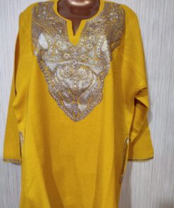 Golden Tilla Work Cashmere Wool Pheran in Yellow