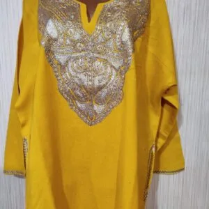 Golden Tilla Work Cashmere Wool Pheran in Yellow