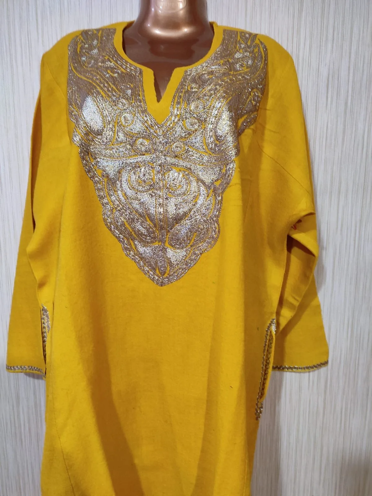Golden Tilla Work Cashmere Wool Pheran in Yellow