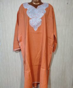 Tilla Work Raffle Wool Kashmiri Pheran in Orange Colour