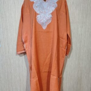 Tilla Work Raffle Wool Kashmiri Pheran in Orange Colour