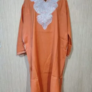 Tilla Work Raffle Wool Kashmiri Pheran in Orange Colour